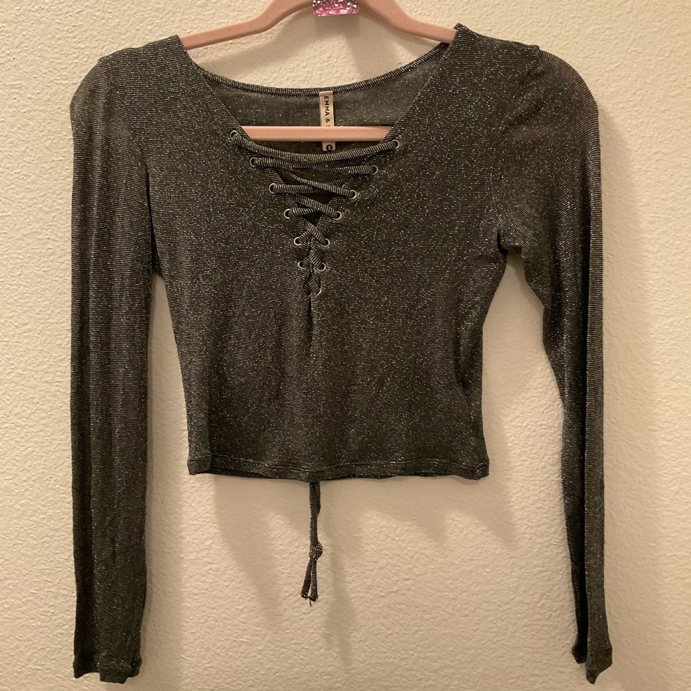 Emma & Sam Sheer Metallic Black Crop Tie Up Top Long Sleeve